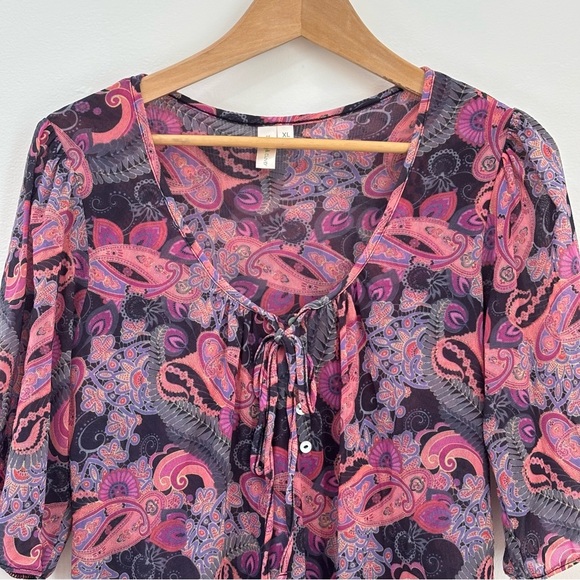 Anthropologie Daisy & Clover Mesh Paisley Floral Peasant Top Boho Multicolor XL - Picture 3 of 13